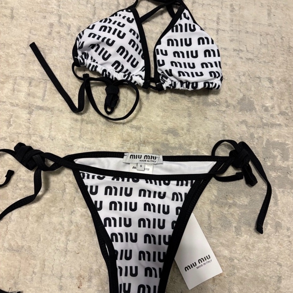 Miu Miu Black and White Logo Triangle Bikini Set